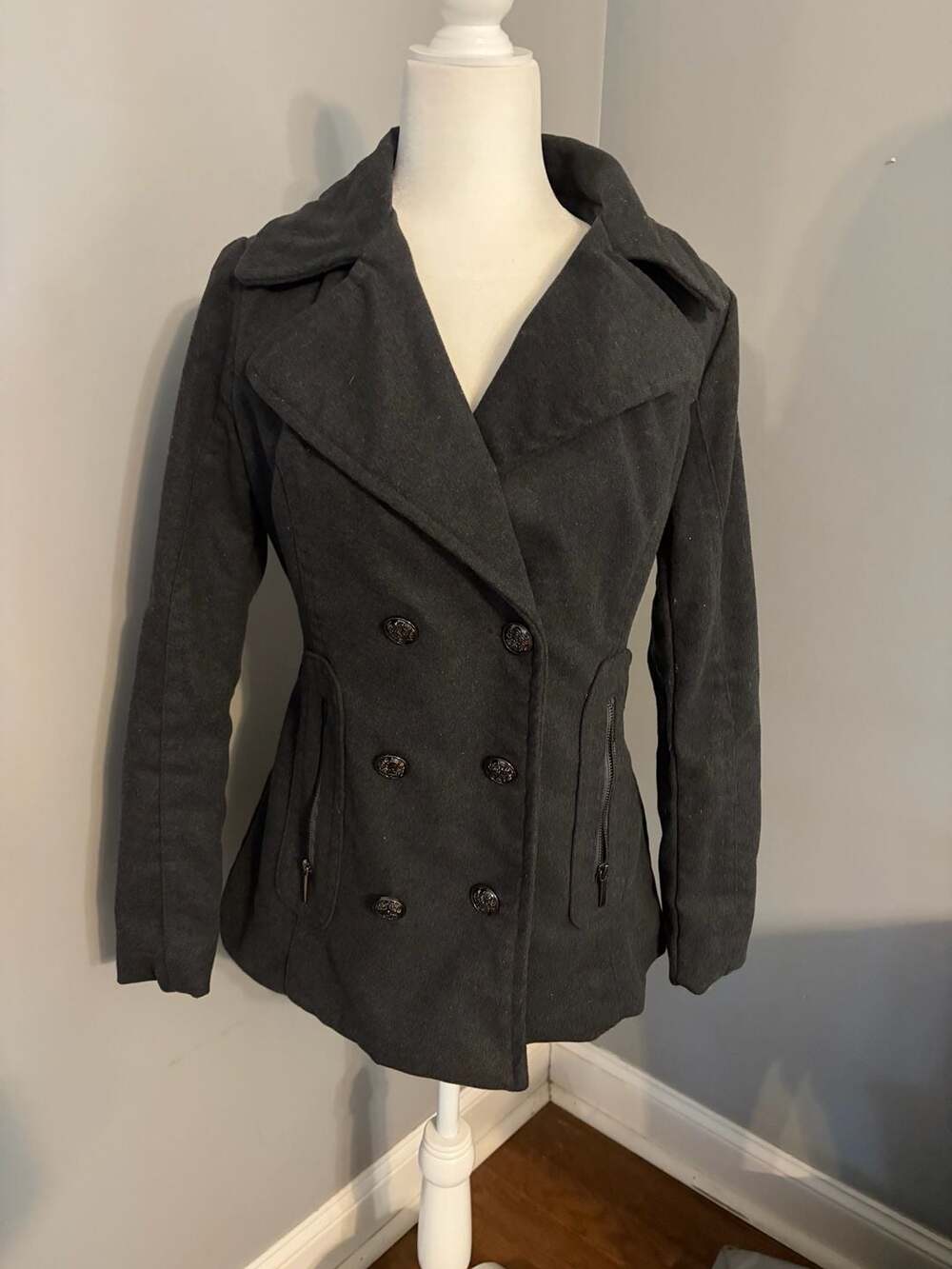 YOKI Peacoat Size M Dark Gray Wool Blend Double Breasted Jacket with Pockets